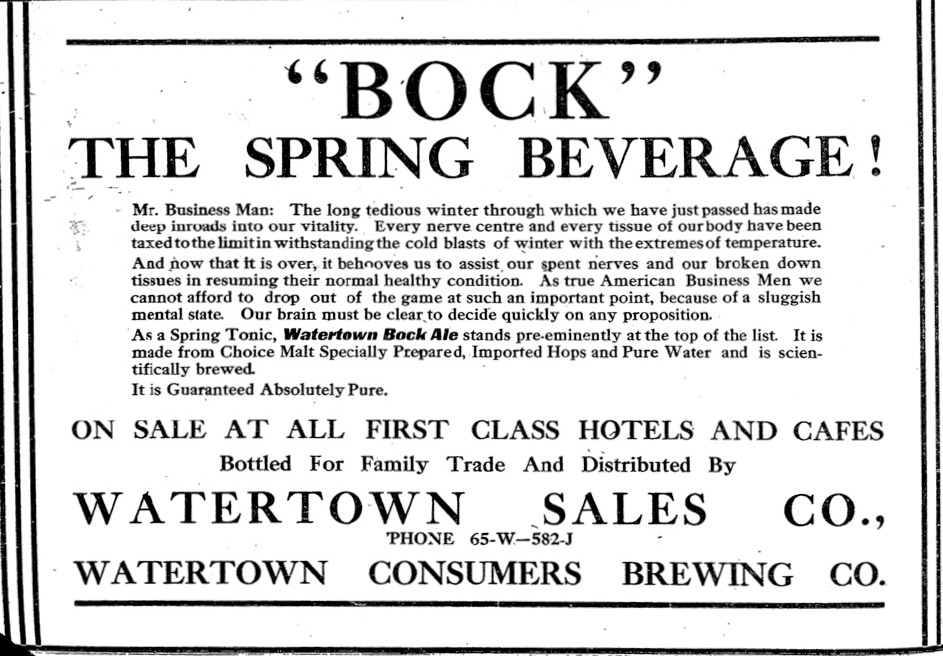 Advertisement for Bock - Watertown Consumers Brewing