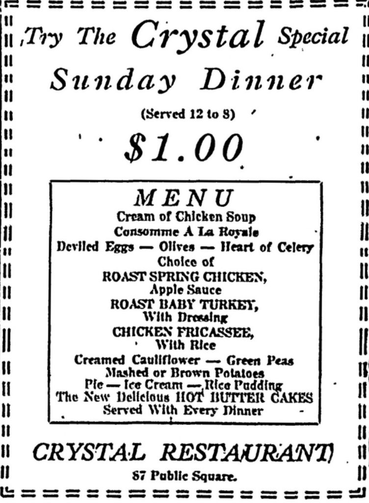 Crystal Restaurant menu from 1925