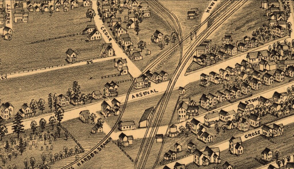 Lithograph showing Cedar Street in 1891