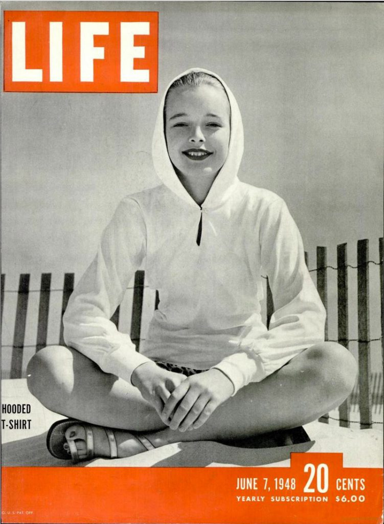 Life magazine featuring a fashionable hoodie-shirt created by Olga Knitting Mills