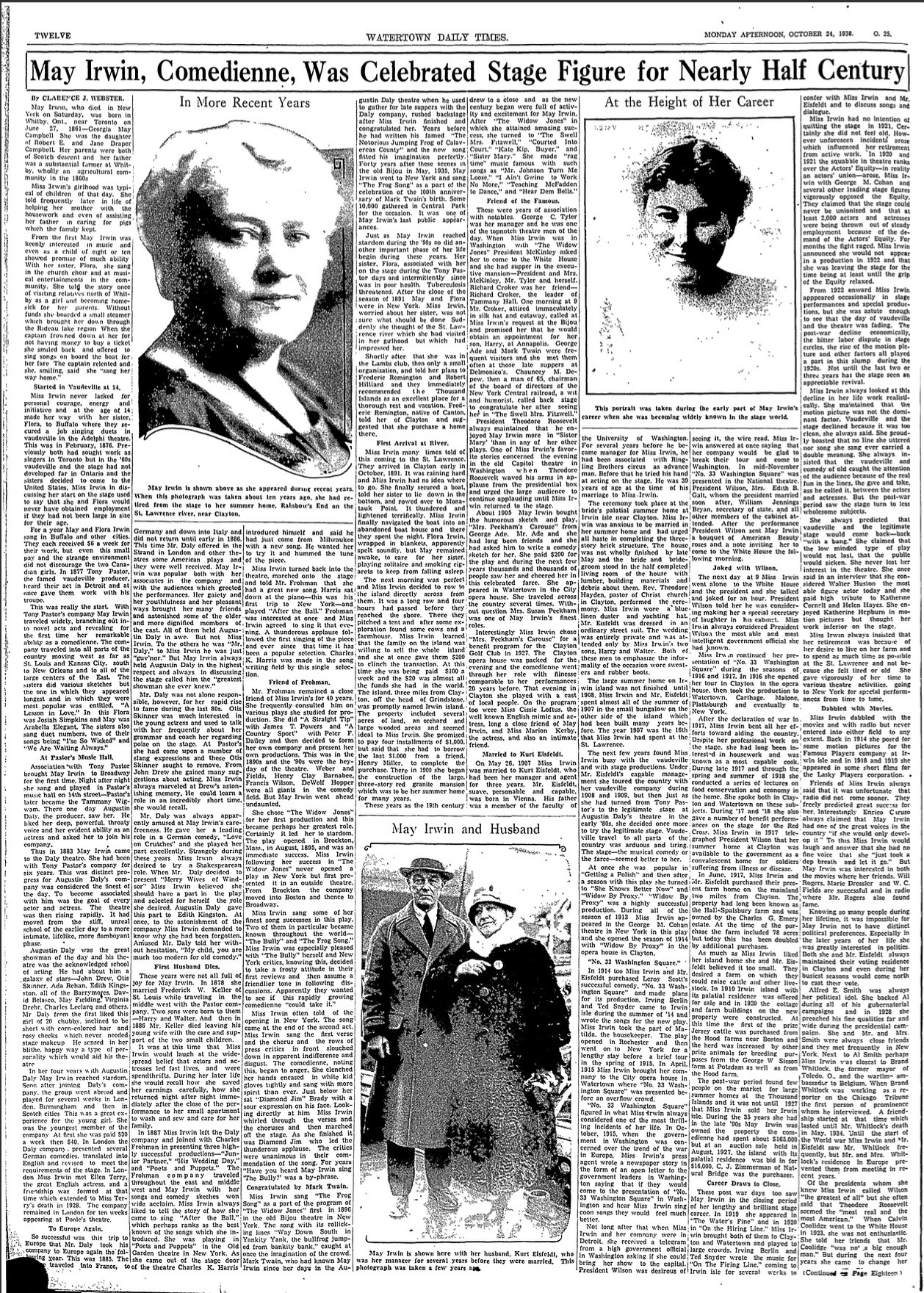 Full Page Write Up Upon May Irwin's Death