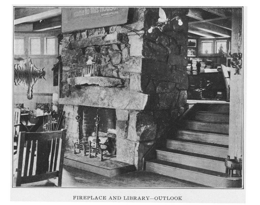 The fireplace and library at The Outlook on Deer Island