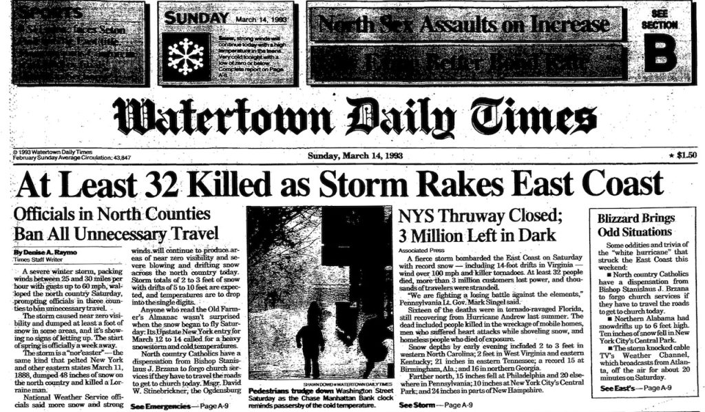 March 14, 1993 Front Page, Watertown Daily Times Blizzard of 1993