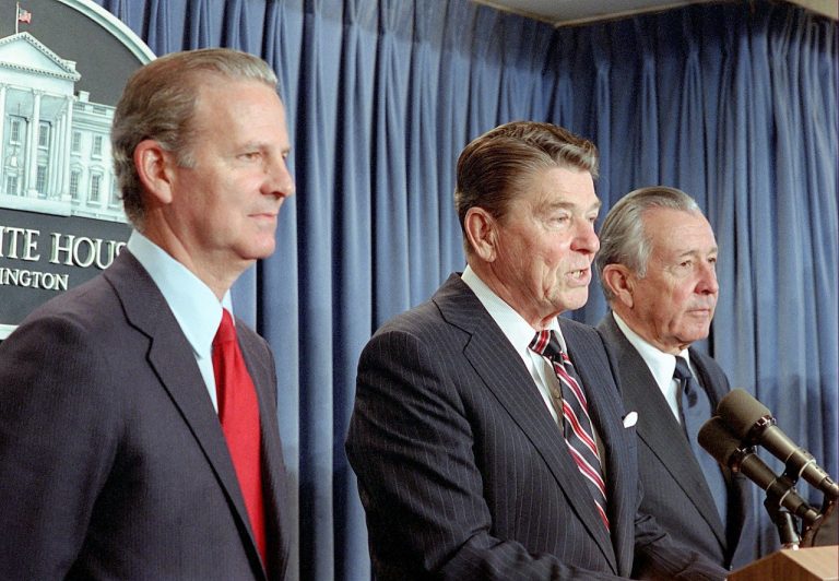 President Ronald Reagan making a statement to the press announcing the nomination of James Baker to be Secretary of the Treasury and the appointment of Donald Regan as Chief of Staff 768x532