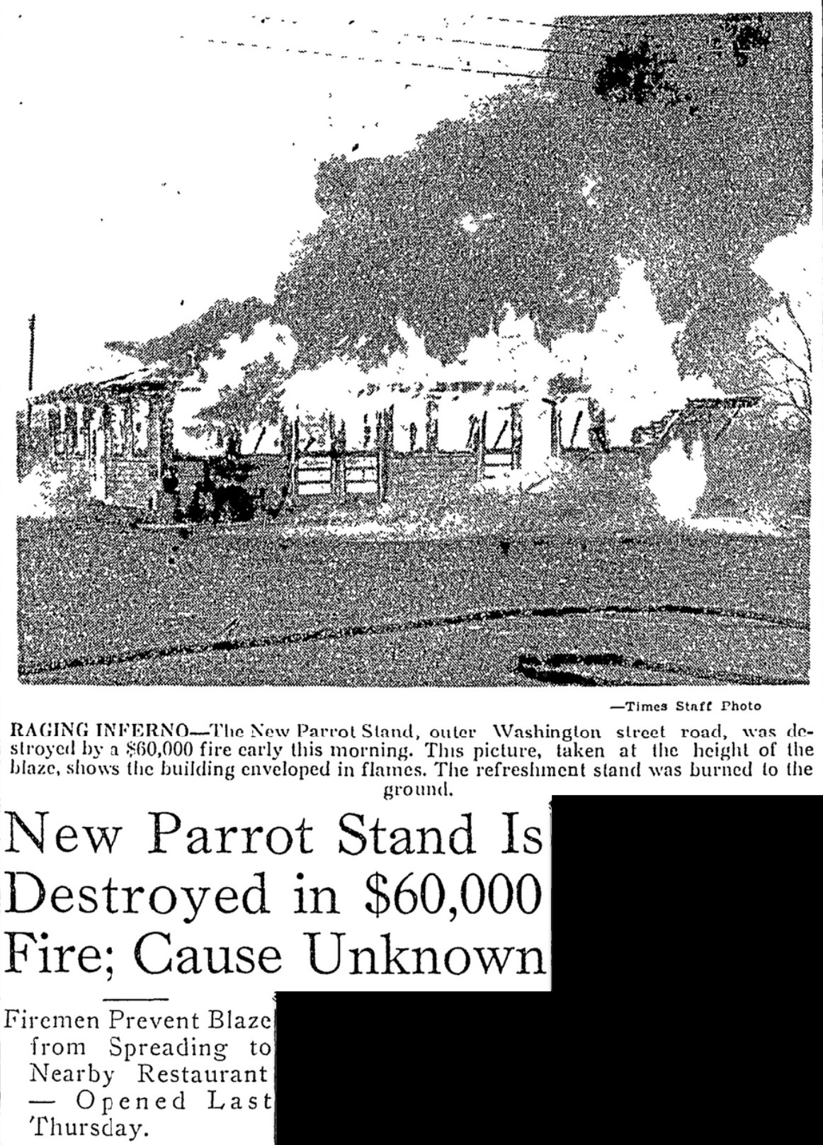 New Parrot Stand Fire, April 9, 1951