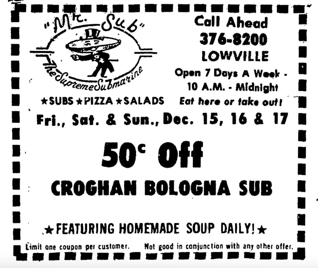 Mr. Subs offers a Croghan Bologna Sub in 1989