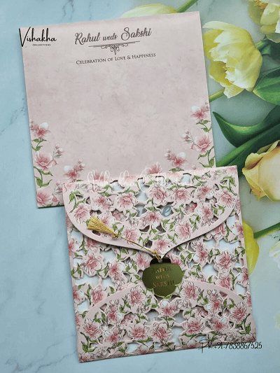 Front Photo of Baby pink Flower themed with acrylic name plate Wedding Invitation Card SK 3419 1 800