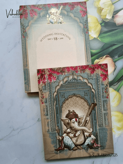 Front Photo of Barat Semi Box Ganesh Ji Hindu Padded invitation Cards EJ 4015 1 800x1067 1