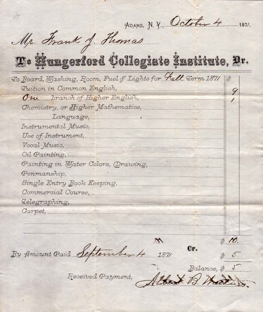 Hungerford Collegiate Institute - Adams Collegiate Institute Est. 1855 6 Receipt of Payment Hungerford Collegiate Institute